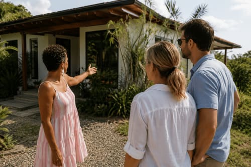 Real estate agent showing modern wellness retreat home to couple at El Litoral in PA
