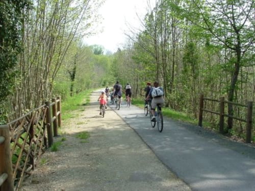 Cyclisme en groupe sur un chemin bordé d'arbres au Domaine de Châlus-Chabrol, France