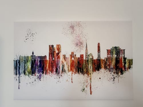 Colorful watercolor skyline of Preston showing iconic buildings and city architecture in vibrant reds and blues
