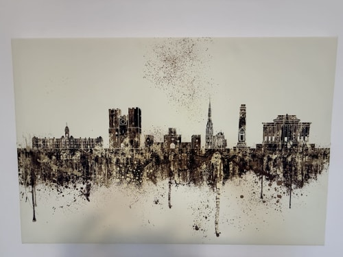 Preston city skyline with iconic buildings and spires in ink splash artistic style