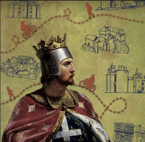 Roi médiéval couronné en majesté devant le château de Châlus-Chabrol