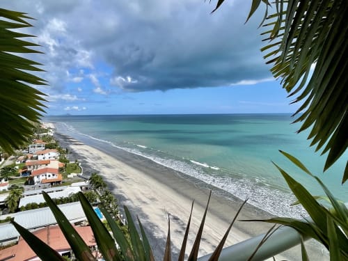 Beachfront view at El Litoral Wellness Retreat showing turquoise ocean, sandy beach, and coastal homes nestled among palm