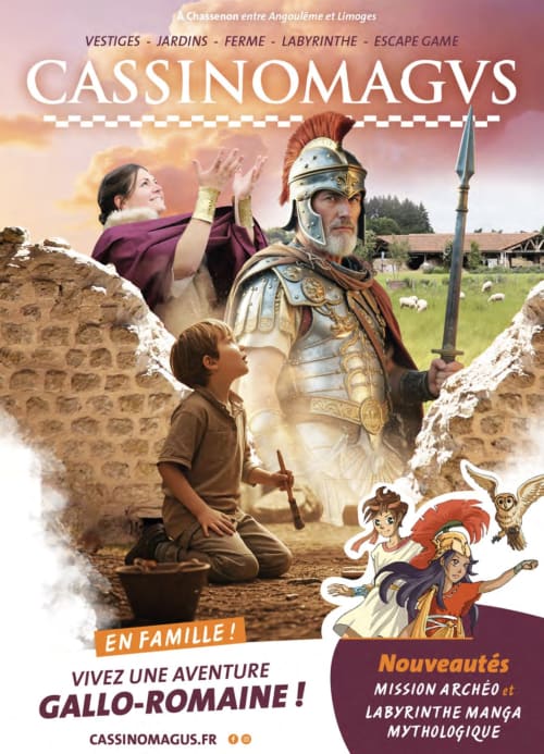 Affiche d'aventure du site archéologique romain Cassinomagus avec activités familiales à Châlus