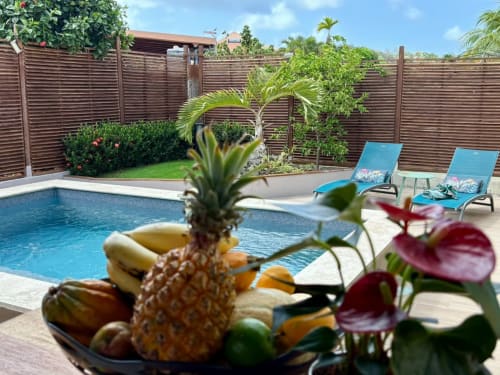Piscine tropicale de la villa Kay Lakansiel au Vauclin avec chaises longues, palmiers et fleurs