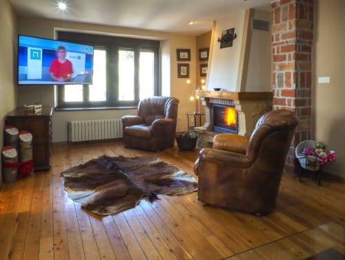 Acogedora sala de estar con sillones de cuero, chimenea, suelos de madera y TV de pantalla plana en Casa Rural Posada Real de Pajares