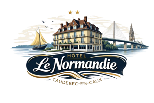 Logo de l'Hôtel le Normandie présentant un manoir historique sur la Seine à Caudebec-en-Caux, France