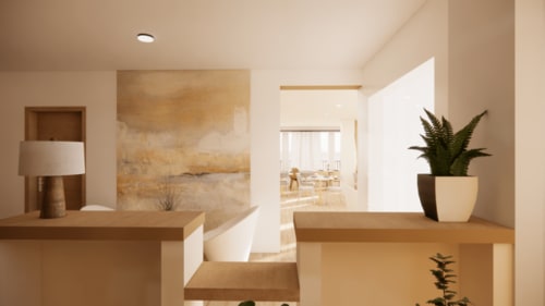 Réception moderne et épurée de l'Hôtel le Normandie aux tons beige chauds, plantes en pot et design contemporain
