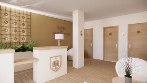 Hall du Hôtel le Normandie à Rives-en-Seine avec réception moderne, portes en bois et décoration contemporaine ornée de plantes