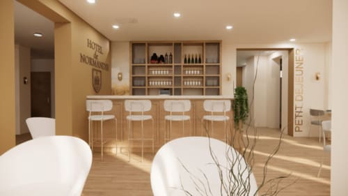 Bar-lounge de l'Hôtel le Normandie avec sièges blancs, étagères en bois garnie de bouteilles de vin et décoration moderne à Rives-en-Seine