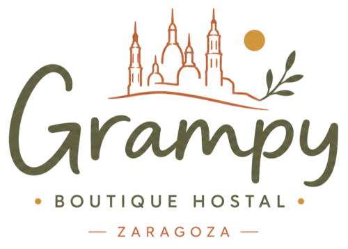 Logo Grampy Boutique Hostal con silueta de la catedral de Zaragoza, sol y rama de olivo