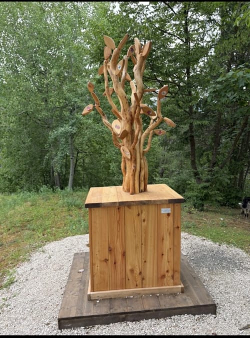 Installazione artistica di scultura in legno presso la struttura ricettiva Affittacamere Mercedes a Novella, immersa nella foresta italiana