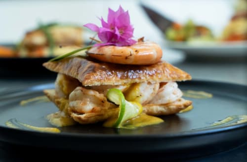 Plat de crevettes gourmand aux champignons et fleurs comestibles au Belamandy Lodge, Nosy Be