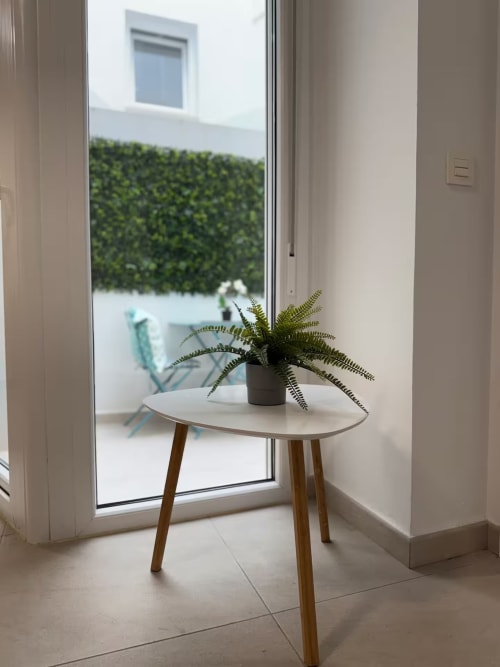 Entrada luminosa de apartamento junto a playa con helecho en mesa blanca con vistas al jardín, Fuengirola