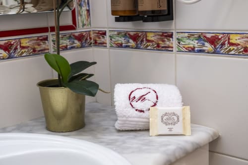 Bathroom countertop at RH Charming Apartment São Victor in Braga displaying towels, soap, and potted plant decor