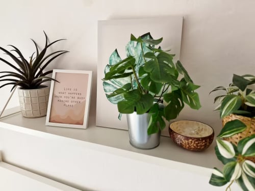Estante luminoso en apartamento playero con plantas en maceta, frase inspiradora y objetos decorativos en Fuengirola