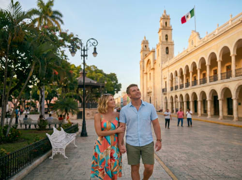 Pareja paseando por la plaza histórica de Mérida cerca del Hotel Boutique Villa Merida con catedral colonial