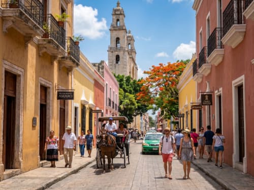 Calle colonial colorida en Mérida con iglesia, carreta tirada por caballos y turistas paseando entre edificios históricos