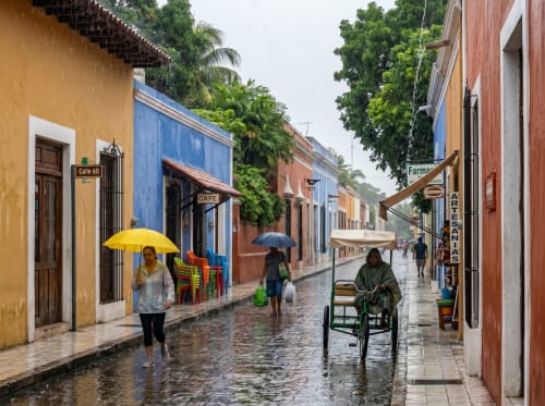 Calle colonial colorida en Mérida bajo la lluvia con paraguas y arquitectura tradicional