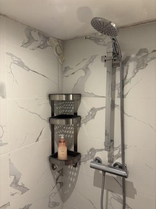 Modern marble shower with stainless steel fixtures, corner caddy, and rain showerhead in Parisian apartment