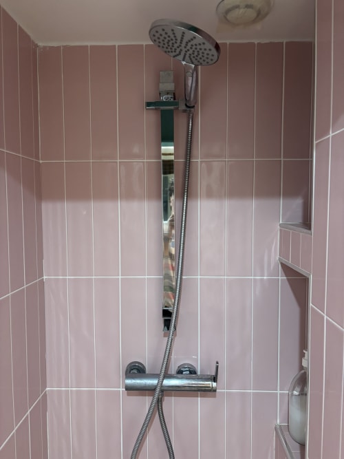 Modern shower with rainfall showerhead and thermostatic mixer in pink tiled bathroom at Aldaro Paris apartment