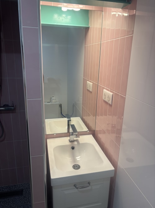Modern bathroom sink with mirror in Duplex Marais apartment, Paris hotel featuring pink tiled walls and contemporary fixtures