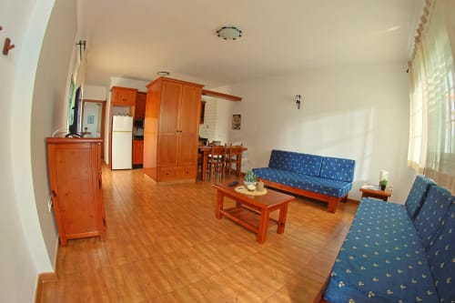 Amplio salón en Apartamentos La Palmera con muebles de madera, sofás azules y vistas al mar en La Frontera