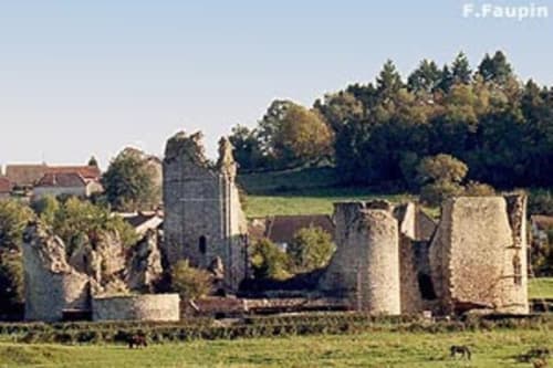 Ruines du château médiéval du Domaine de Châlus-Chabrol à Châlus, France, entourées de verdoyants champs et arbres
