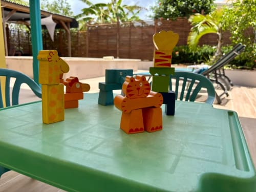 Figurines de bois colorées sur table verte à la villa Kay Lakansiel au Vauclin, Martinique, près de la piscine
