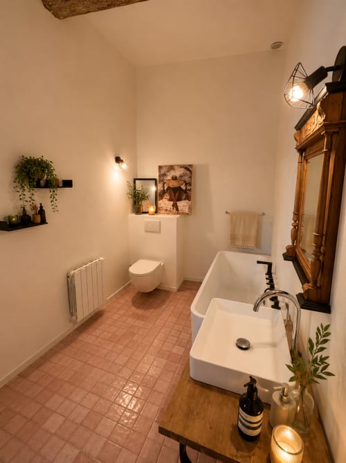 Salle de bains moderne avec doubles vasques blanches, toilettes murales, carrelage en terre cuite et éclairage chaleureux à Entre Ciel et