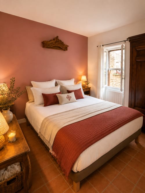 Chambre douillette à Entre Ciel et Lettres avec mur de feature corail, literie blanche et éclairage chaleureux en Bourgogne