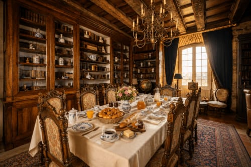 Salle à manger élégante du Domaine de Châlus-Chabrol avec table de petit-déjeuner, bibliothèques en bois et décor français classique