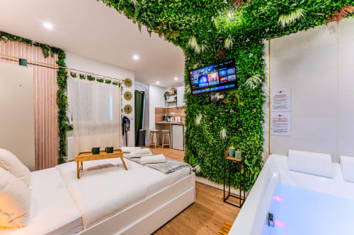 Modern Wellkhome apartment in Bordeaux with two beds, living area, green plant walls, kitchenette and TV