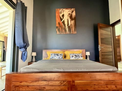 Chambre élégante avec lit en bois, literie grise et décoration murale éléphant aux Hébergements Passion en Martinique