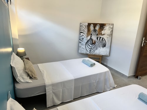Chambre cosy du cottage aux Hébergements Passion en Martinique avec lits jumeaux, décoration zèbre et équipements modernes