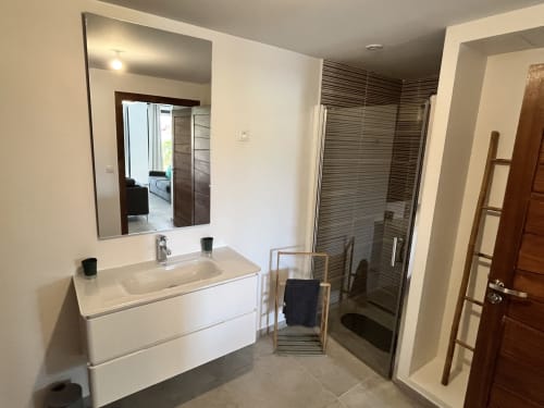 Salle de bain moderne du gîte Vanille Cannelle aux Hébergements Passion, Martinique, avec lavabo, miroir et douche à l'italienne