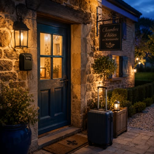 Entrée en pierre de La Synchronicité B&B à Saint Sauveur, Normandie, illuminée par des lanternes au crépuscule