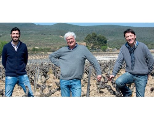 Trois hommes souriants dans les vignobles du Périgord au Domaine de Labrousse, collines ondulantes en arrière-plan