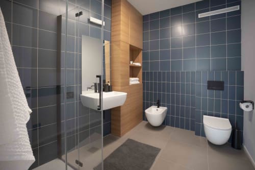 Moderno bagno in Camere d'Aria B&B, Locana con piastrelle azzurre, doccia in vetro, lavabo sospeso, bidet e wc.