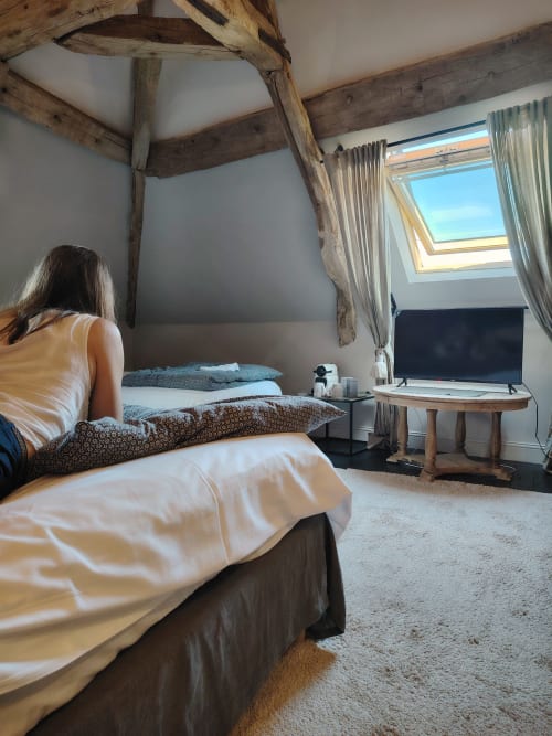 Chambre cosy au Le Paddock B&B à La Drenne avec poutres apparentes, lit, bureau TV et fenêtre de toit