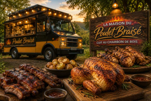 Foodtruck Poulet Braisé au bois avec poulet grillé, pommes de terre à Villa Pré d'Oro, Amage