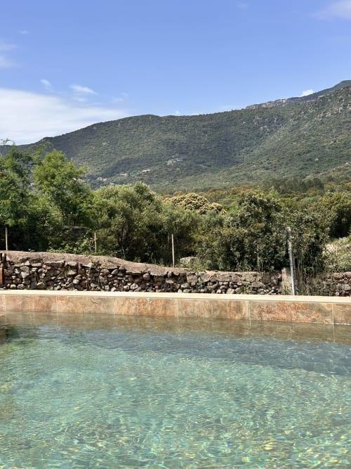 Crystal-clear heated pool at In Casa Conciergerie cottage in Figari, Corsica, with forested hills backdrop