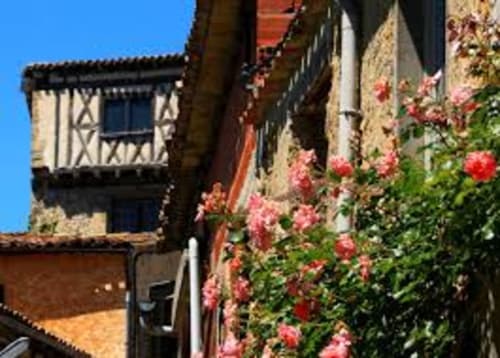 Charmante cour médiévale du gîte Belloréade à Belloc, avec roses roses grimpantes et murs en pierre et colombages