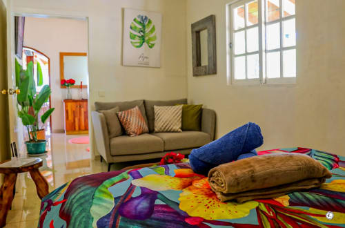 Salon coloré avec serviettes roulées, tapis à motifs, canapé gris et plantes tropicales à Aimehome Teavaro