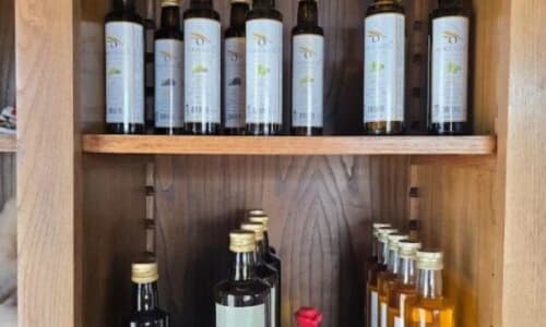 Garrafas de vinho expostas em prateleiras de madeira na Tranca da Barriga Casa do Vinho, uma hospedagem com foco em vinhos em Covilhã