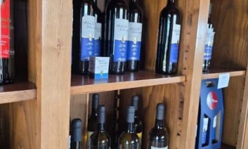 Garrafas de vinho expostas em prateleiras de madeira na Tranca da Barriga Casa do Vinho, uma hospedagem temática em Covilhã