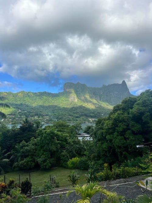 Vue luxuriante de la vallée tropicale avec pics montagneux dramatiques au-dessus du village de Paopao, Polynésie française depuis Villa Vaipipiha