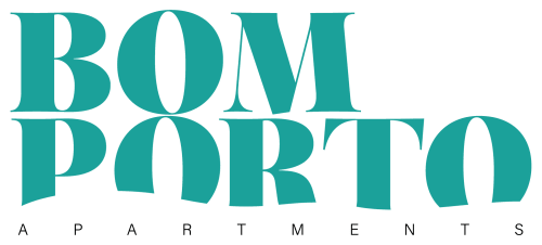 Logotipo do Bom Porto Apartments em tons de azul-acinzentado com letras decorativas dispostas em duas linhas, Porto Portugal