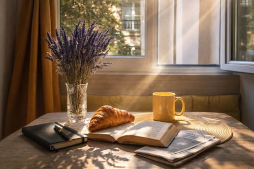 Petit déjeuner douillet dans un appartement parisien avec lavande, croissant, café et livre ouvert près d'une fenêtre ensoleillée