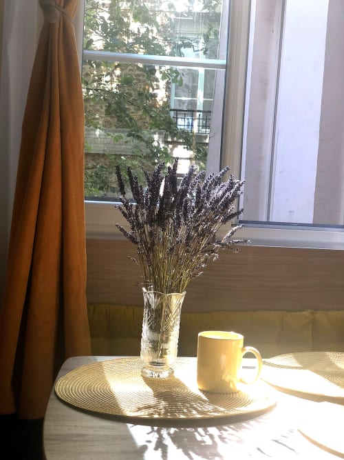 Fenêtre d'appartement parisien ensoleillé avec lavande séchée dans un vase, tasse jaune et rideau moutarde donnant sur la cour