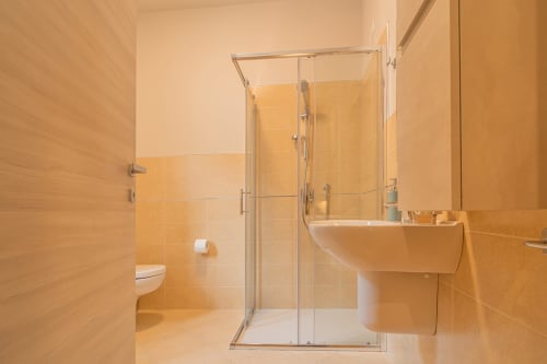 Bagno moderno con piastrelle dorate, cabina doccia in vetro e lavabo presso Le Alpi bed & living sulle Alpi italiane